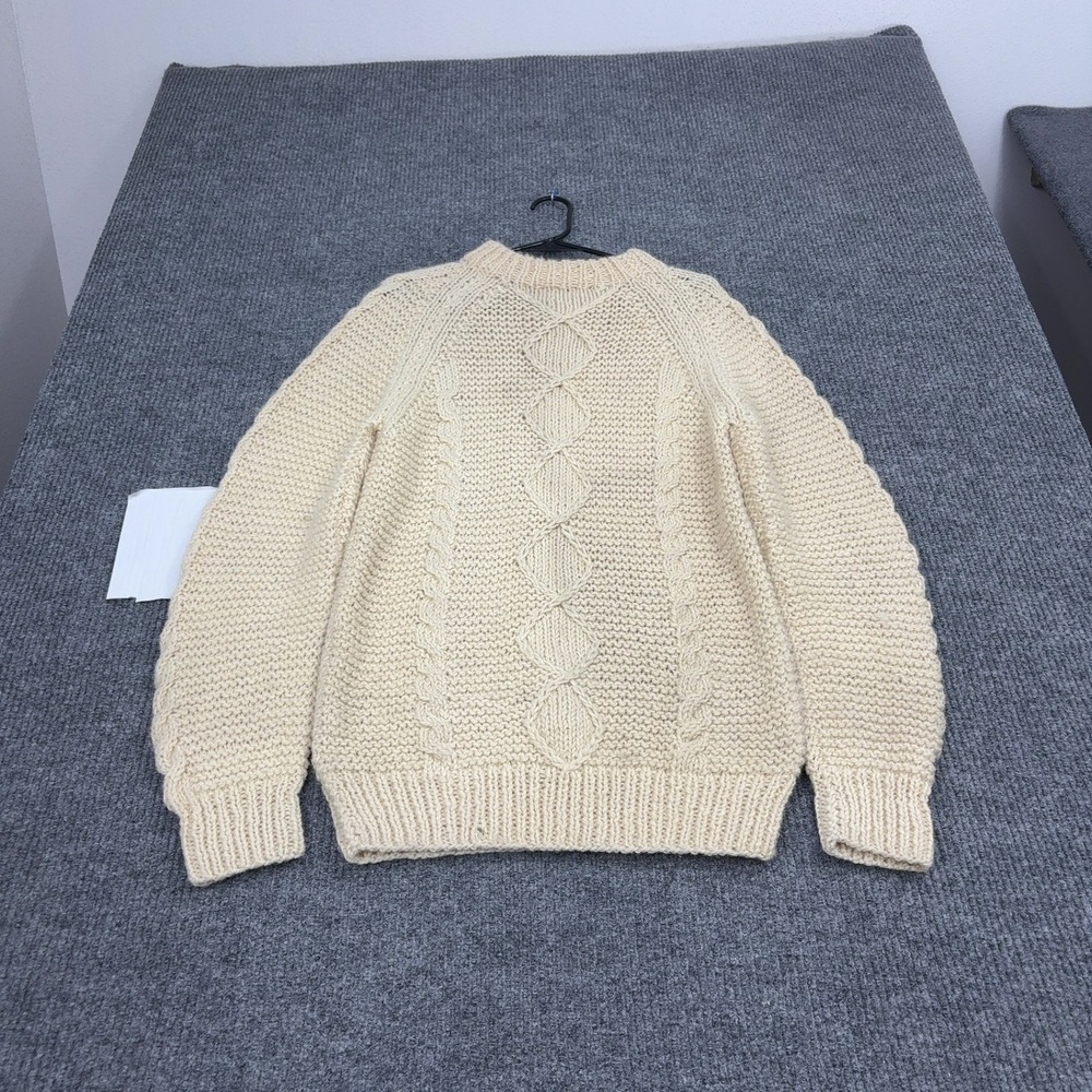 Vintage Sweater Mens L Cream Wool Cable Knit Crewneck Fisherman Winter Casual